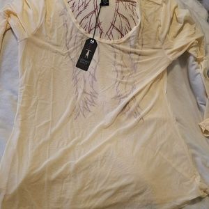 Pale pink sheer long sleeve top with red wings